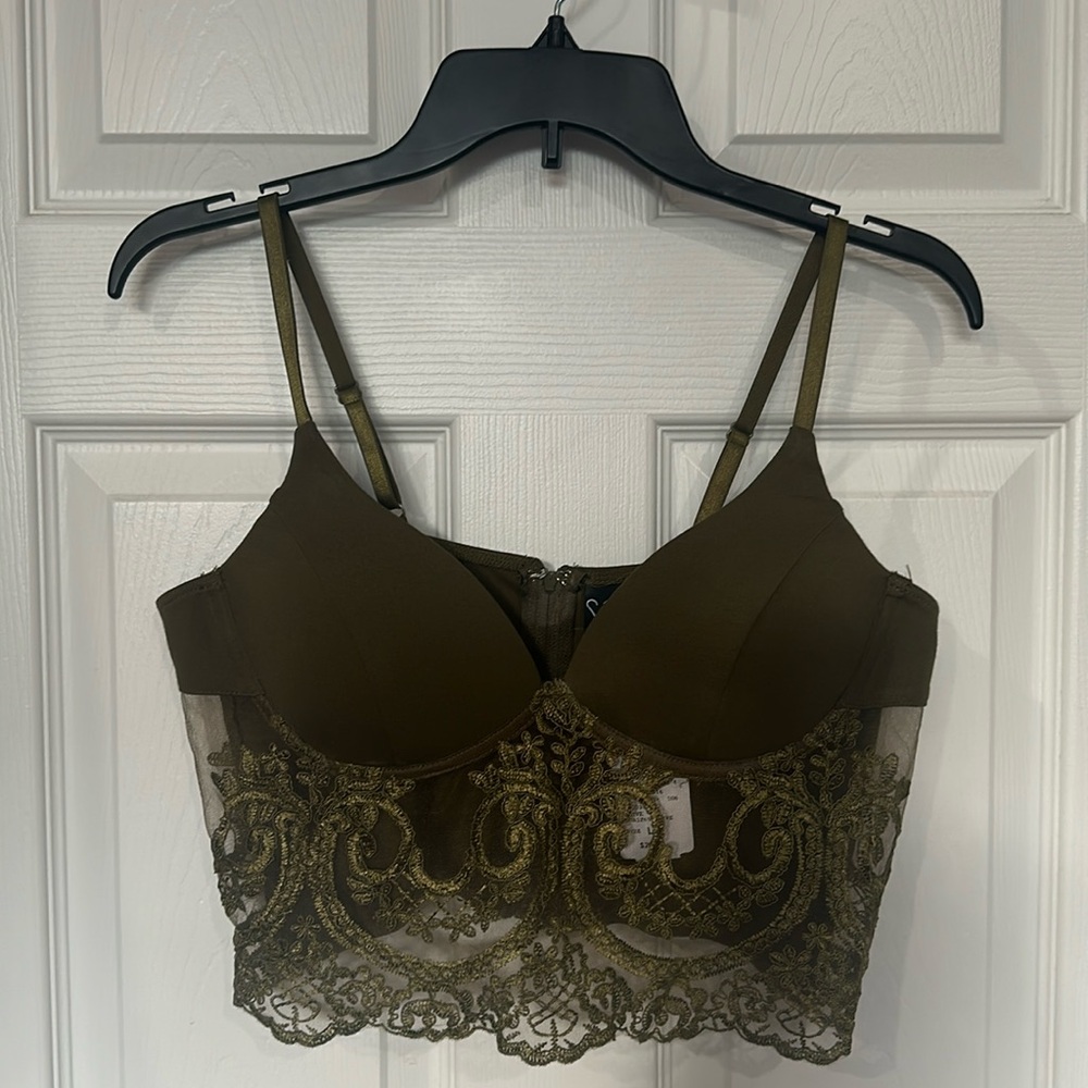 olive green lace crop top. new with tags